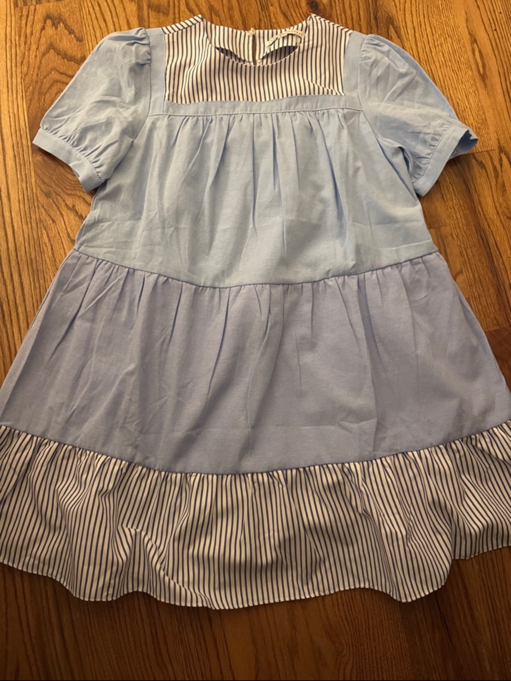 English Factory Light Blue Tiered Short-Sleeve Dress with Striped Hem